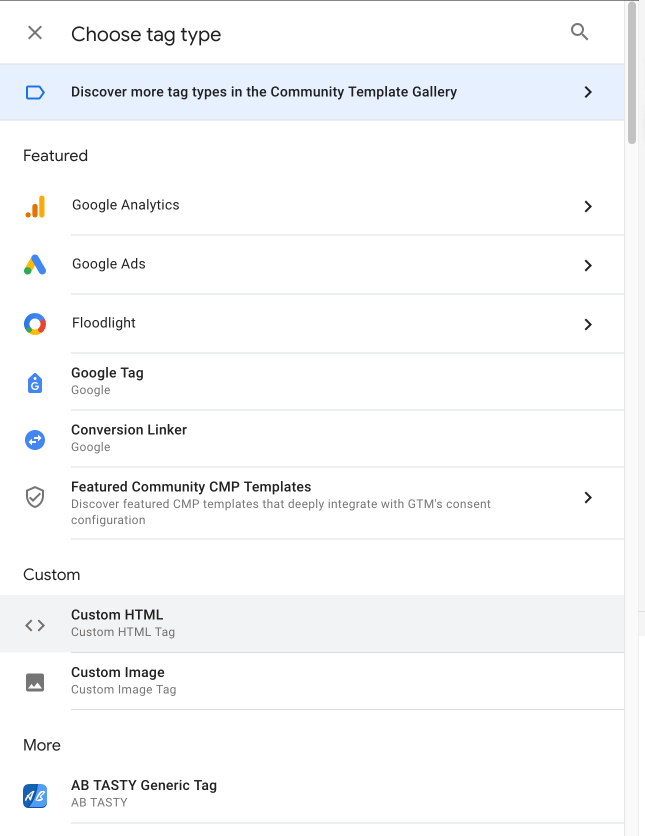 screenshot of Google Tag Manager 'choose tag type' option